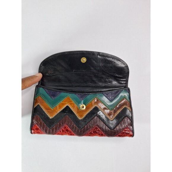 Vintage Genuine Leather SHARIFF Black Patchwork Bi-fold Wallet Flap Embroidered - Picture 4 of 8